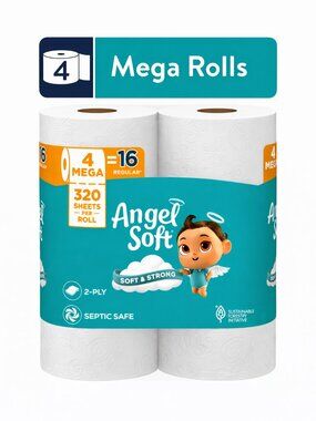 Angel Soft 2-Ply Toilet Paper, 4 Mega Rolls, 320 Sheets Per Roll